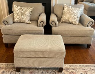 Bernhardt Furniture Cushioned Studded Arm Chairs & Ottoman Set With Throw Pillows - 3 Pieces Total