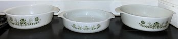 Fire King Glasbake Milk Glass Green Daisy Pattern Casserole Pots - 3 Total