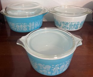 Pyrex Amish Butter Print Casserole Dishes With Lids-  473(1 Qt), 474 (1.5 Qt), 475 (2.5 Qt)