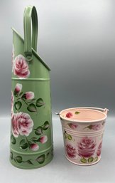 Hand Painted Floral Pattern Metal Bucket Decor - 2 Total