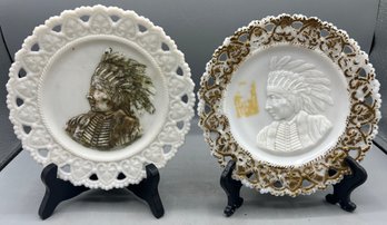 Vintage Hand Painted Milk Glass Indian Head Pattern Plate Set - 2 Total