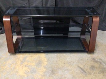 TV STAND  - 3 Level Black Glass And Brown Wood Edges