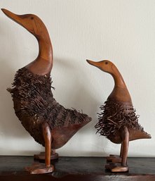 Hand Carved Wooden Bamboo Root Duck Figurines - 2 Total