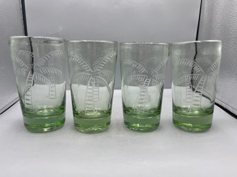 Etched Glass Palm Tree Pattern Glassware Set - 4 Total