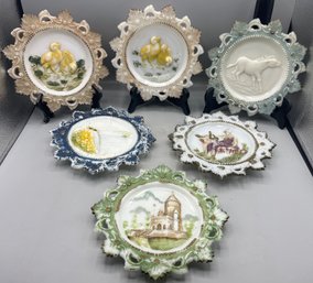 Antique Hand Painted Milk Glass Plates - 6 Total