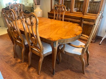 Wood Dining Table With Brass Embellishments And 5 Country French Carved Chairs