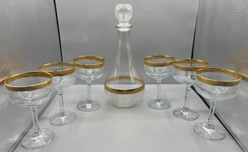Cellini Handblown Crystal 24K Gold Trim Wine Glass Set With Decanter - 13 Pieces Total  - Made In Italy