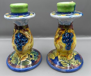 Pair Of Ceramic Candlestick Holders- Hand Painted In Italy