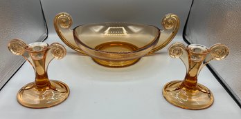 Fostoria Art Deco Amber June Topaz Bowl With Pair Of Candlestick Holders - 3 Piece Set