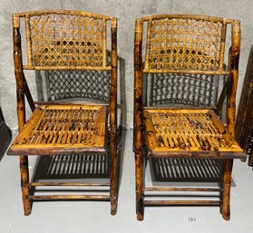 Vintage Burnt Bamboo Rattan Folding Chairs - 4 Total