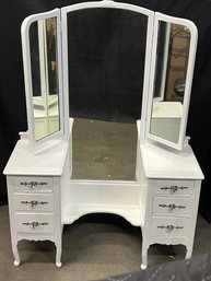 Antique White Painted Vanity With Tri Fold Mirror