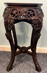 Hand Carved Wooden Marble-top Plant Stand