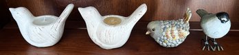Assorted Lot Of Ceramic, Wood & Stone Birds (2 Tealight Holders) Lot Of 4