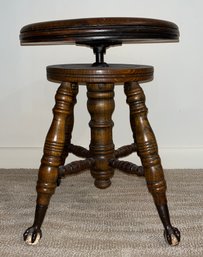 Vintage Solid Wood Piano Stool With Metal Claw & Ball Feet