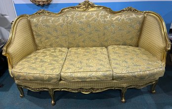 Louis XVI French Sofa Gold Tone 3 Classic Upholstery Seat Cushions Floral Leaf Vine Design
