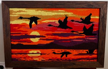 Framed Needlepoint Of Geese & The Sunset