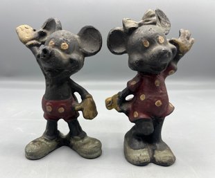 Vintage Cast Iron Mickey & Minnie Mouse Figurines - 2 Total