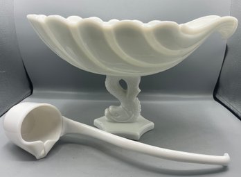 Westmoreland Milk Glass Foo Dolphin Footed Punch Bowl With Milk Glass Ladle