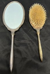 Vintage Sterling Silver Vanity Set- Brush & Hand Held Mirror With Engraved Monogram