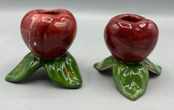 Hand Painted Ceramic Apple Candlestick Holders - 2 Total