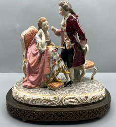 Vintage Capodimonte Hand Painted Victorian Saxony Style Porcelain Figurine With Metal Platform Base