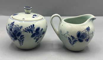 Delft Blue Hand Painted Porcelain Sugar Bowl & Creamer - 2 Total - Made In Holland