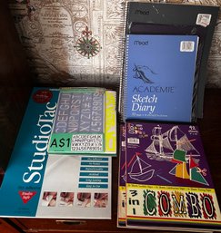 Assorted Lot Of Sketchbooks, Construction Paper & Stencils