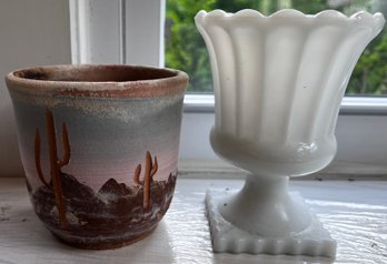 Hand Painted Terracotta Cactus Pot & Milk Glass Vase