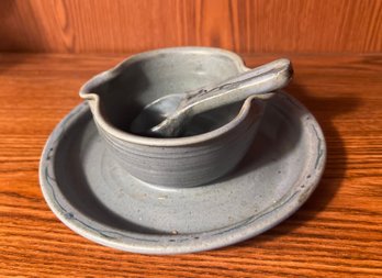 Signed Ceramic Pottery Gravy Boat With Spoon