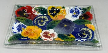 Peggy Karr Signed Fused Glass Pansies Floral Pattern Tray