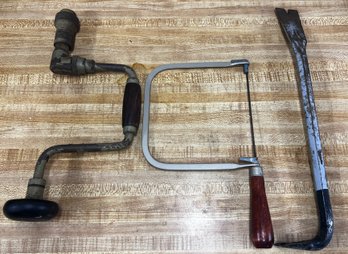 Hand Crank Drill, Hacksaw, And Crowbar - 3 Pc Lot