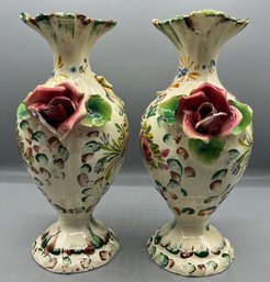 Italian Hand Painted Floral Pattern Ceramic Vases - 2 Total - Made In Italy - PN116B