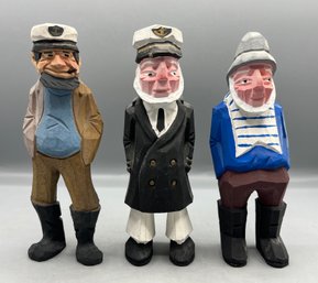 Hand Painted Wooden Captain & Fisherman Figurines - 3 Total