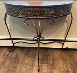 Carved Wood Metal Frame Demilune Console Table