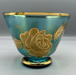 Borske Sklo Czech Teal Colored Glass Gold Trim Floral Pattern Bowl