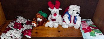 Christmas Stuffed Animals, Table Runner & Kitchen Towels Lot