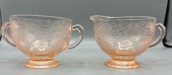 Hazel Atlas Glass Co. Florentine Pattern Glass Sugar Bowl And Creamer Set - 2 Pieces Total