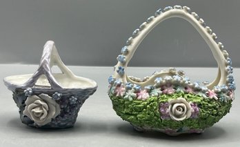 Decorative Floral Bouquet Porcelain Basket Figurines - 2 Total