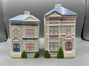 H & HD 1988 Hand Painted Ceramic Collectible House Canisters - 2 Total - Made In Mexico