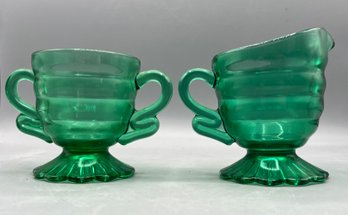 Indiana Glass Co. Christmas Candy Teal Glass Sugar Bowl & Creamer Set - 2 Pieces Total