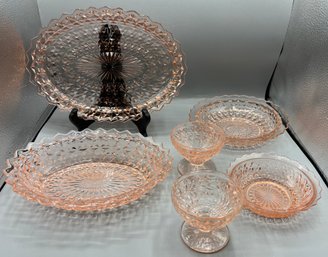 Jeanette Co. Pink Depression Buttons And Bows Pattern Glassware Set -7 Pieces Total