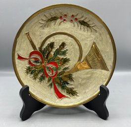 Brass Holiday Holly French Horn Pattern Wall Plate