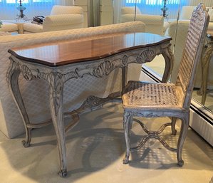 Goldsmith Brothers French Provincial Carved Wooden Console Table With Wood Top And Matching Cane Chair