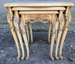 Solid Wood French Provincial Style Inlaid Pattern Glass-top Nesting Tables - 3 Total