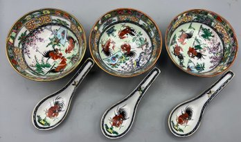 Vintage Hand Painted Japanese Porcelain-Ware Soup Bowl & Spoon Set - 3 Sets Total - Made In Hong Kong