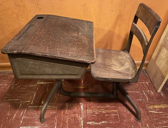 Antique Childrens School Desk With Inkwell
