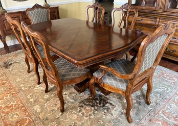 Ethan Allen Tuscany Collection Solid Wood Dining Table With 6 Upholstered Dining Chairs - Table Pads Included