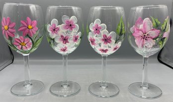 Hand Painted Floral Pattern Wine Glass Set - 4 Total