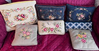 Lot Of Needlepoint/ Embroidered Decorative Pillows- Lot Of 7