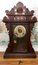 Antique Solid Wood Mantle Clock - Key Included